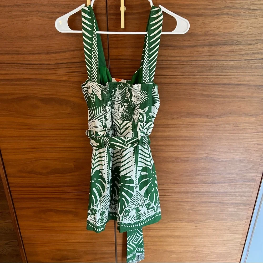 NWT FARM Rio Off-White Macaw Elegance Romper Large Green Belted Beaded_7